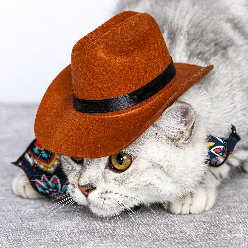 KFX-8585277 Pet Cat Cowboy Straw Hat - Stylish Brown Cowboy Hat for All Seasons, Free Size