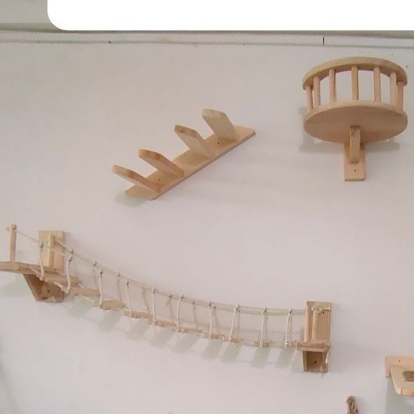 KFX-8589501 Wall-Mounted Solid Wood Cat Nest with Breathable Hemp Rope and Suspension Bridge Design