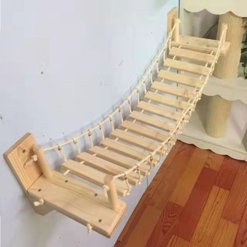 KFX-8589501 Wall-Mounted Solid Wood Cat Nest with Breathable Hemp Rope and Suspension Bridge Design