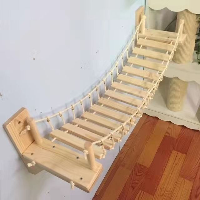 KFX-8589501 Wall-Mounted Solid Wood Cat Nest with Breathable Hemp Rope and Suspension Bridge Design