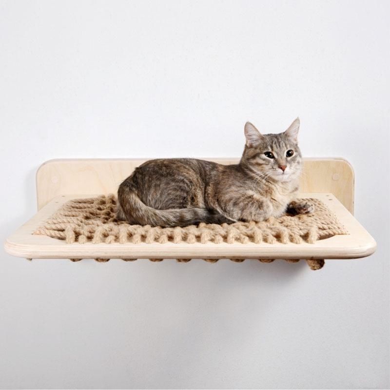 KFX-8589501 Wall-Mounted Solid Wood Cat Nest with Breathable Hemp Rope and Suspension Bridge Design