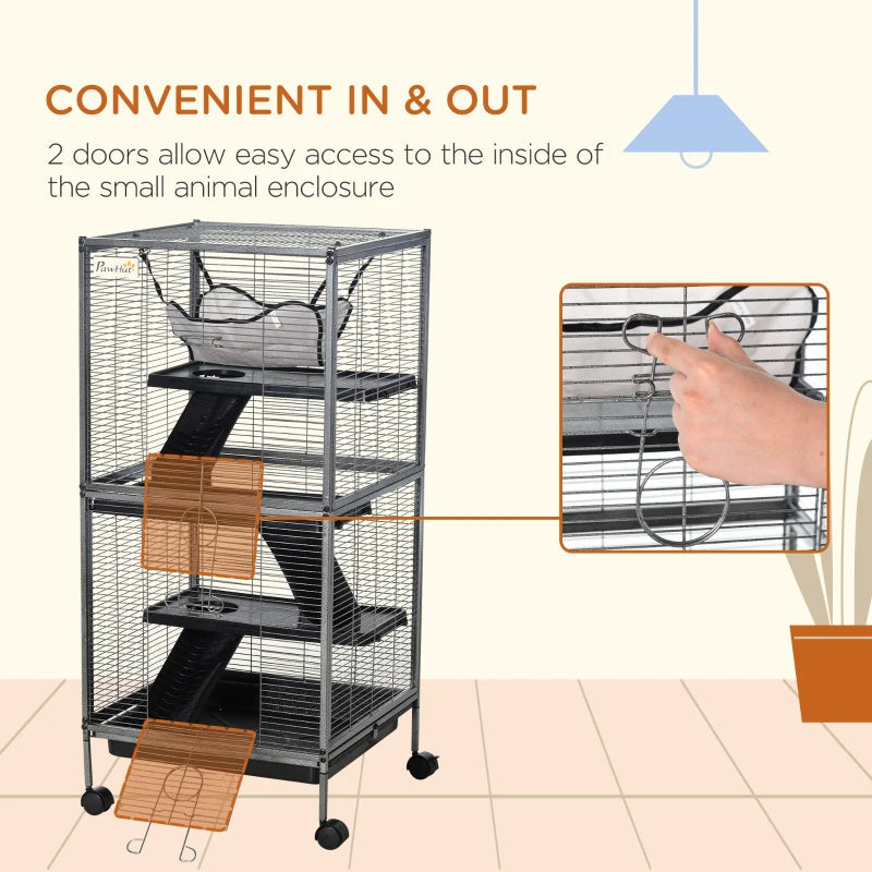 KFX-8589885 Metal Small Animal Cage with 4 Tiers, Removable Tray, Rolling Design, Hammock Included, for Ferrets, Chinchillas, and Sugar Gliders