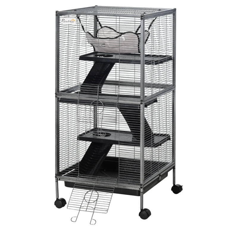 KFX-8589885 Metal Small Animal Cage with 4 Tiers, Removable Tray, Rolling Design, Hammock Included, for Ferrets, Chinchillas, and Sugar Gliders
