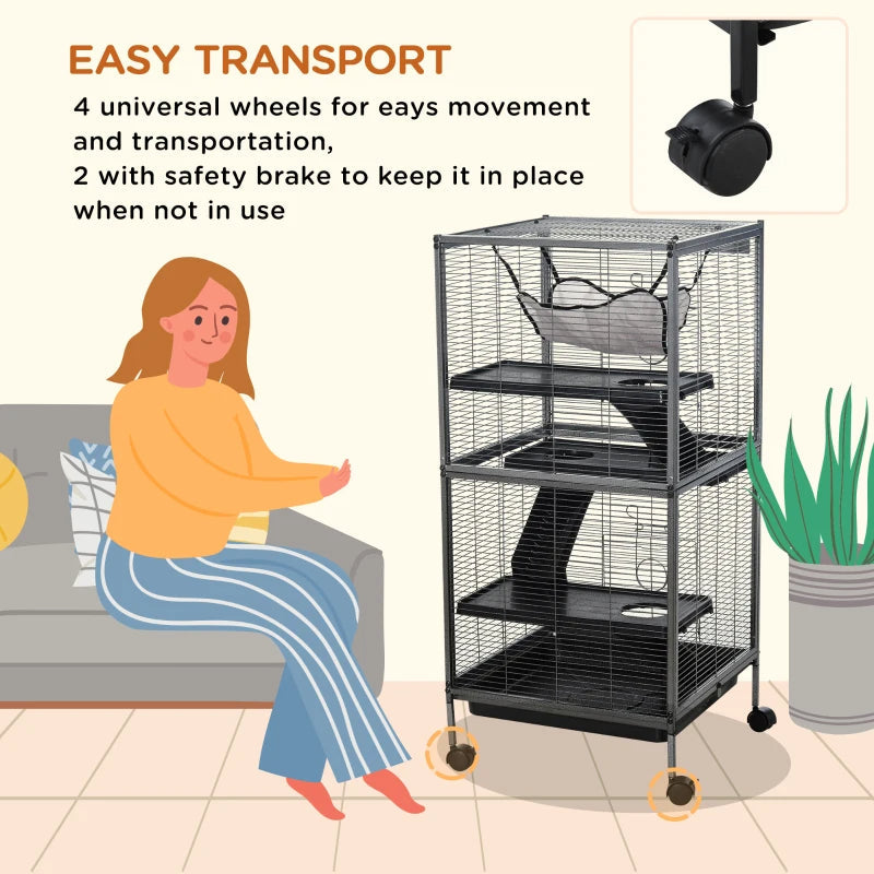 KFX-8589885 Metal Small Animal Cage with 4 Tiers, Removable Tray, Rolling Design, Hammock Included, for Ferrets, Chinchillas, and Sugar Gliders