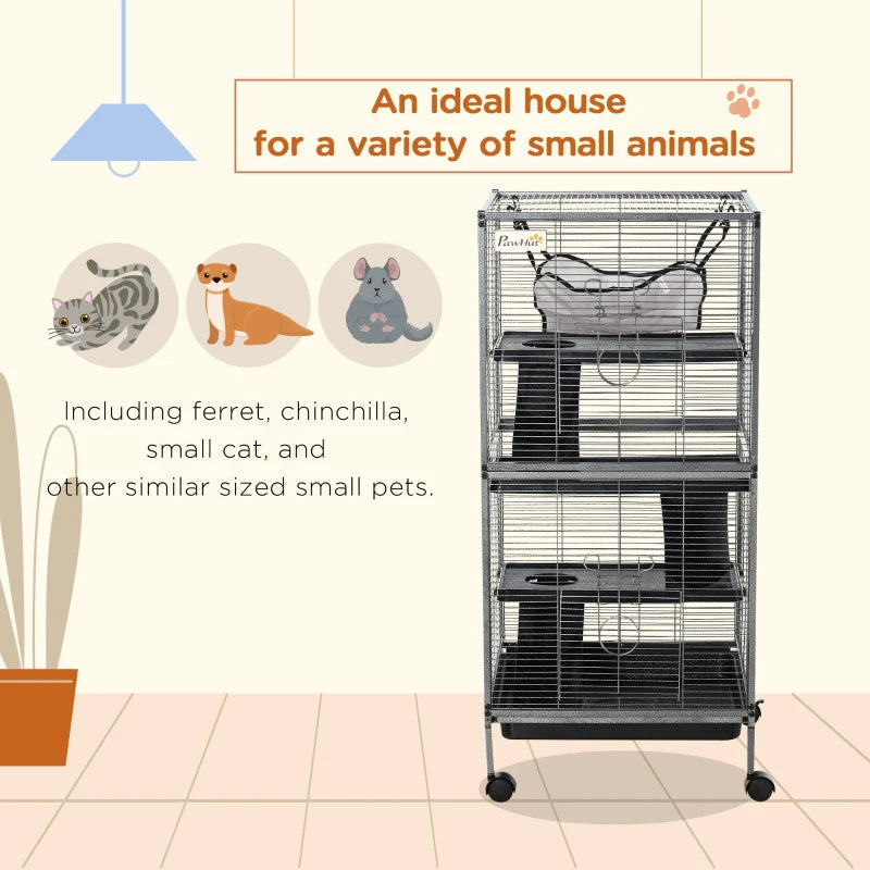 KFX-8589885 Metal Small Animal Cage with 4 Tiers, Removable Tray, Rolling Design, Hammock Included, for Ferrets, Chinchillas, and Sugar Gliders