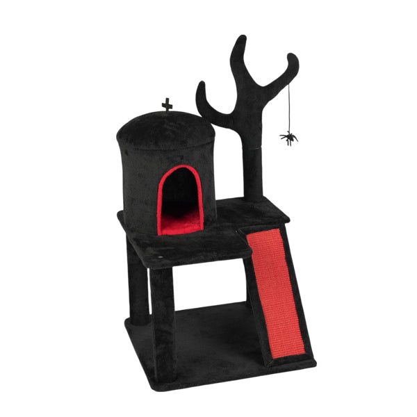 KFX-8591677 Gothic Cat Tree with Spacious Condo, Branch-Shaped Scratching Post, and Spider Toy in Red & Black