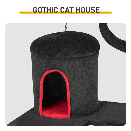 KFX-8591677 Gothic Cat Tree with Spacious Condo, Branch-Shaped Scratching Post, and Spider Toy in Red & Black