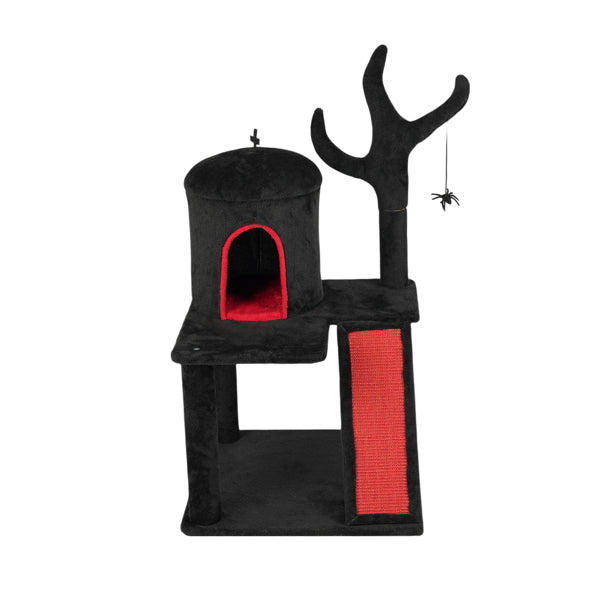 KFX-8591677 Gothic Cat Tree with Spacious Condo, Branch-Shaped Scratching Post, and Spider Toy in Red & Black