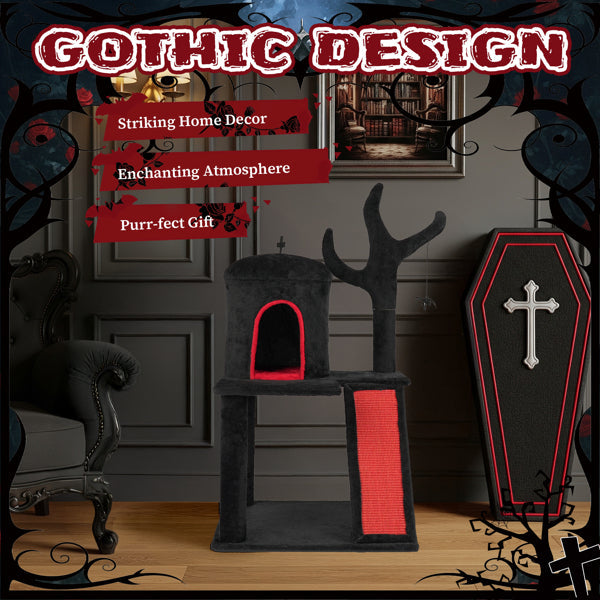 KFX-8591677 Gothic Cat Tree with Spacious Condo, Branch-Shaped Scratching Post, and Spider Toy in Red & Black