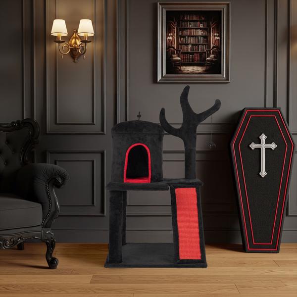KFX-8591677 Gothic Cat Tree with Spacious Condo, Branch-Shaped Scratching Post, and Spider Toy in Red & Black