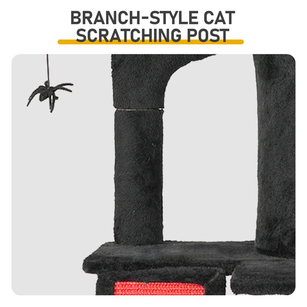 KFX-8591677 Gothic Cat Tree with Spacious Condo, Branch-Shaped Scratching Post, and Spider Toy in Red & Black