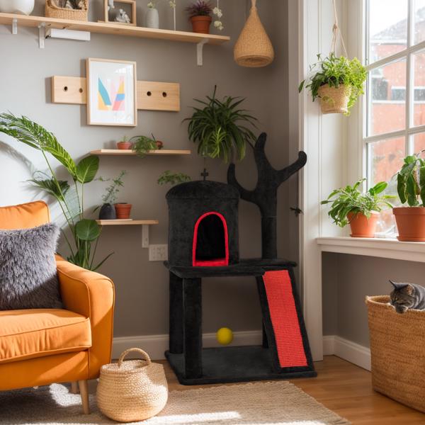 KFX-8591677 Gothic Cat Tree with Spacious Condo, Branch-Shaped Scratching Post, and Spider Toy in Red & Black