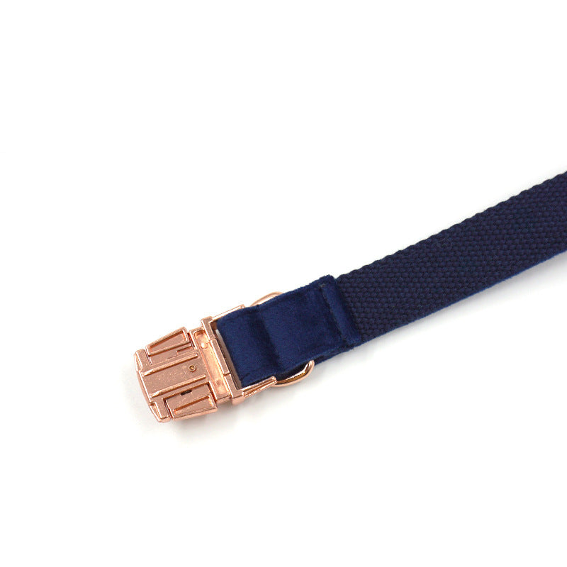 KFX-8593981 Navy Blue Velvet Dog Collar with Rose Gold Buckle - XS to XL Sizes Available