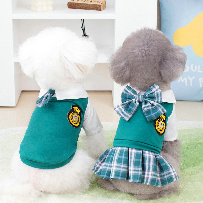 KFX-8596541 Casual Preppy Style T-Shirt and Skirt Set for Small Dogs
