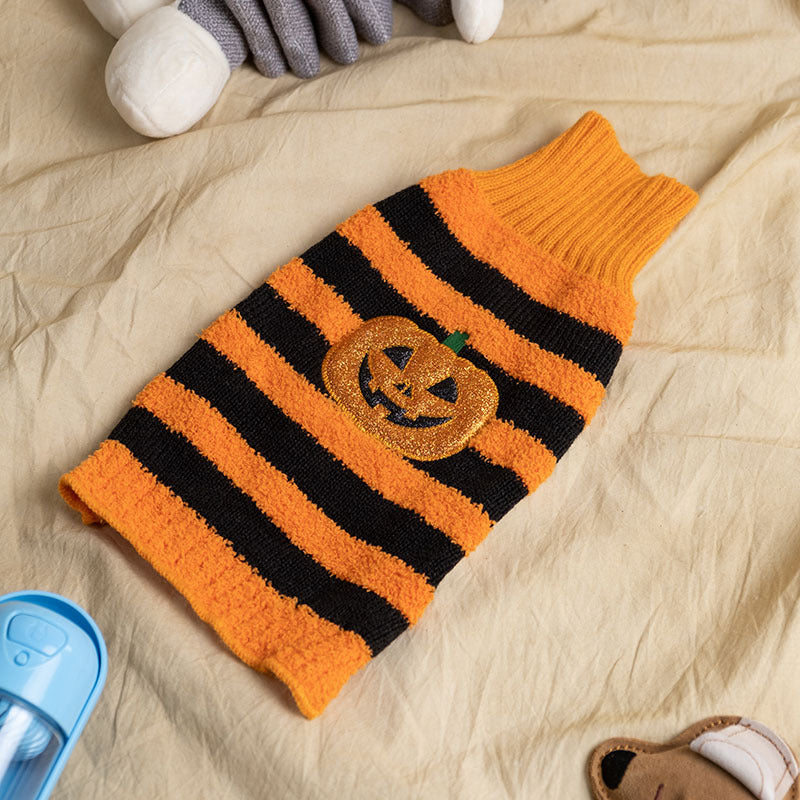 KFX-8605501 Cozy Halloween Dog Sweater with Pumpkin Design - Warm Pet Costume for Small Dogs