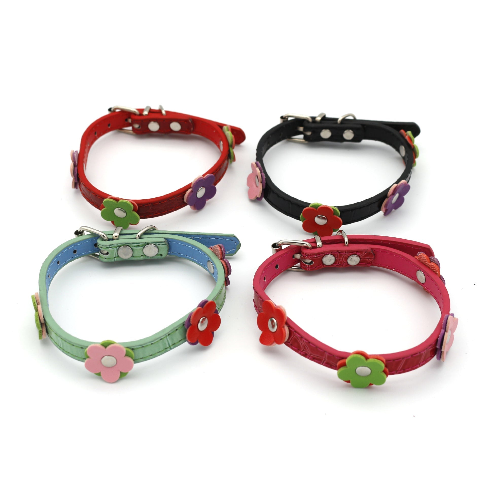 KFX-8615229 Floral Pattern PU Collars for Small Dogs and Cats in Red, Green, Black, and Rose