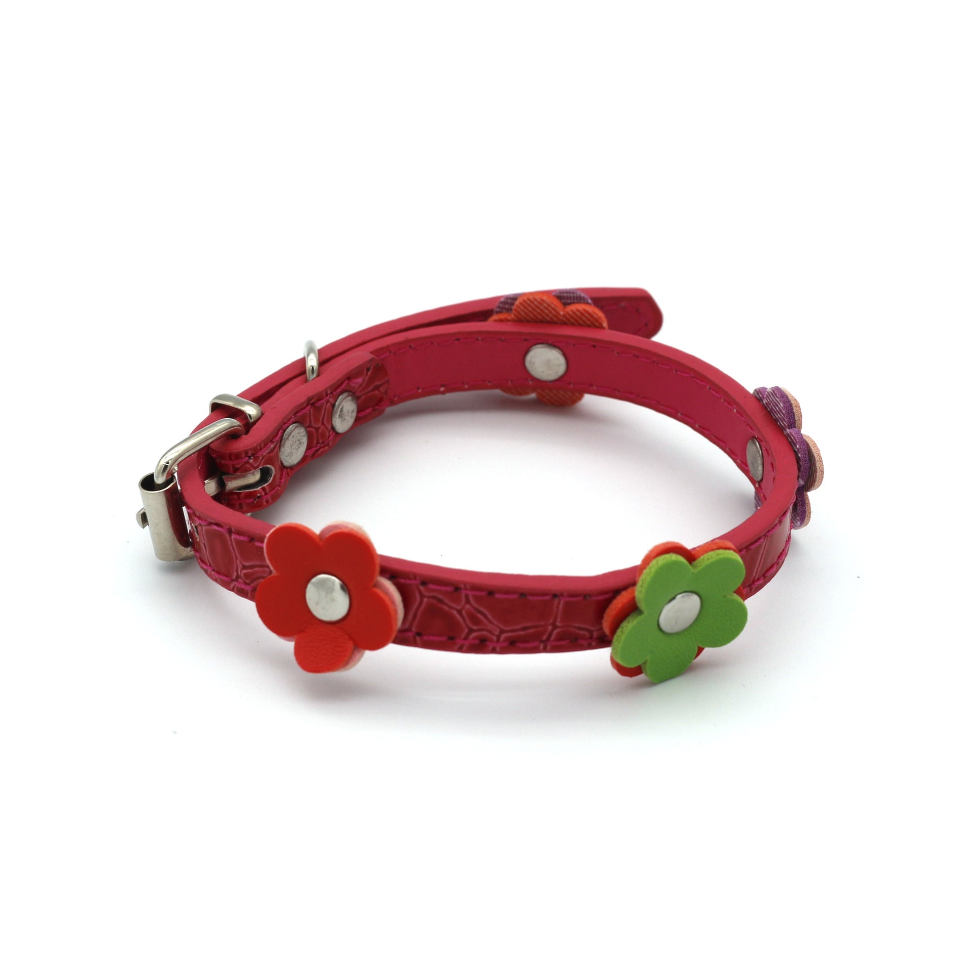 KFX-8615229 Floral Pattern PU Collars for Small Dogs and Cats in Red, Green, Black, and Rose