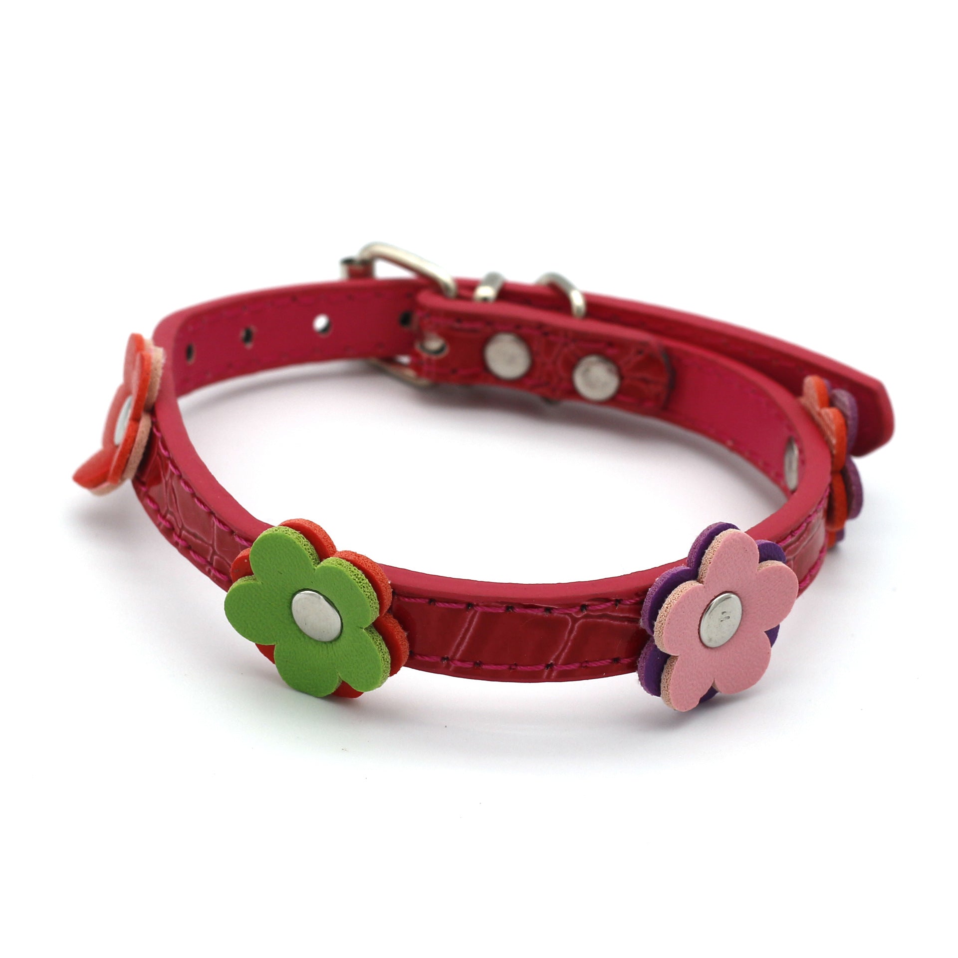 KFX-8615229 Floral Pattern PU Collars for Small Dogs and Cats in Red, Green, Black, and Rose