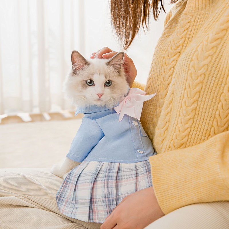 KFX-8619581 Cute Spring and Autumn Cat Dog Skirt with Lattice Design - Polyester Fiber Material