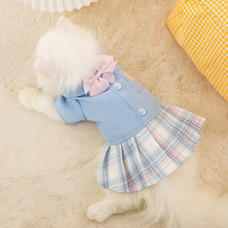 KFX-8619581 Cute Spring and Autumn Cat Dog Skirt with Lattice Design - Polyester Fiber Material