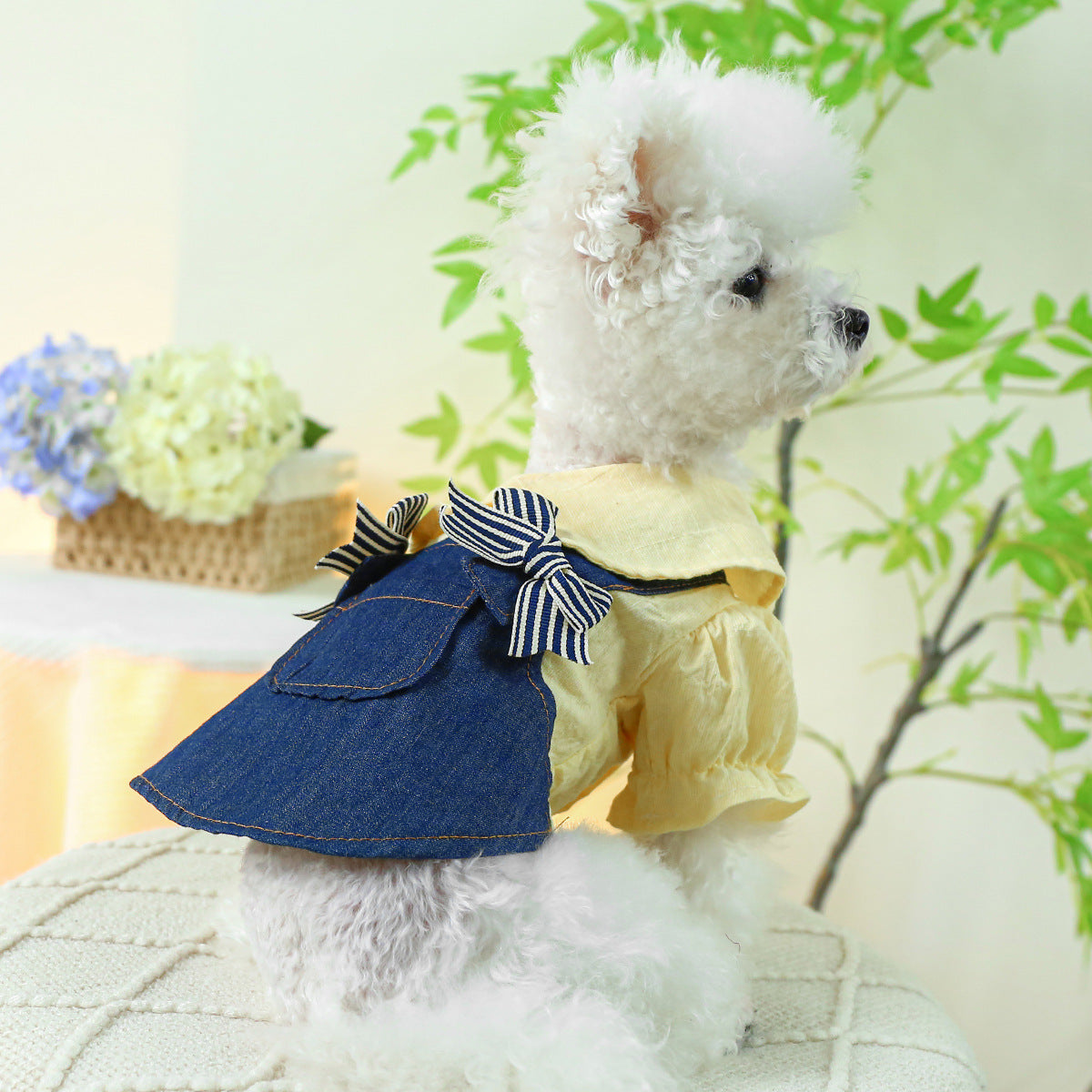 KFX-8629309 Blue and White Bow Suspender Skirt for Pets - Casual Polyester Dress Available in Multiple Sizes
