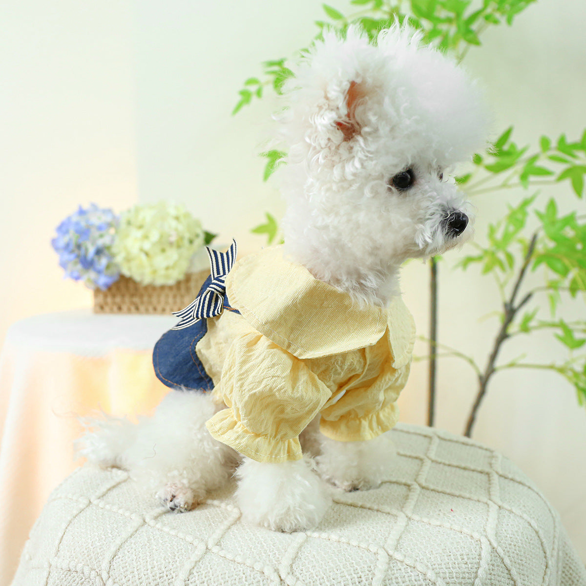 KFX-8629309 Blue and White Bow Suspender Skirt for Pets - Casual Polyester Dress Available in Multiple Sizes