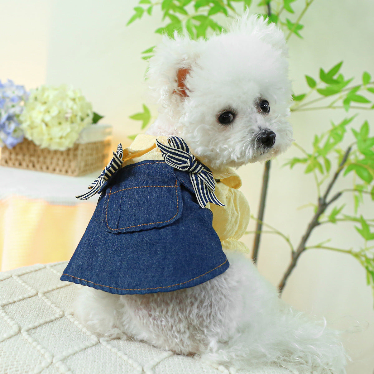 KFX-8629309 Blue and White Bow Suspender Skirt for Pets - Casual Polyester Dress Available in Multiple Sizes