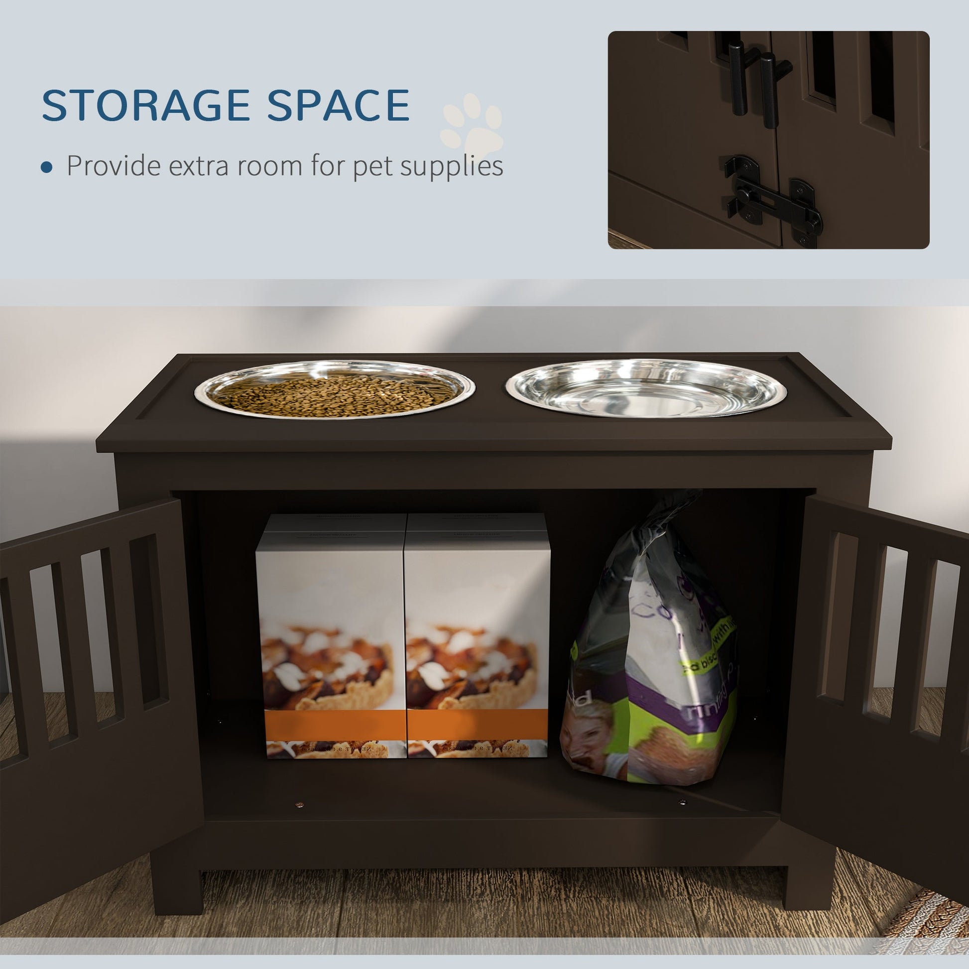 KFX-8634685 Espresso Dog Food Storage Cabinet with Bowls and Feeding Station for Large Dogs
