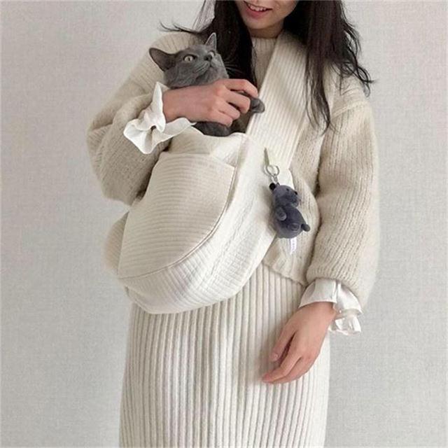 KFX-8642493 Pet Travel Backpack for Cats - White Canvas Crossbody Carrier
