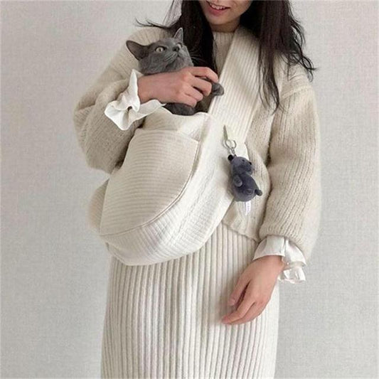 KFX-8642493 Pet Travel Backpack for Cats - White Canvas Crossbody Carrier