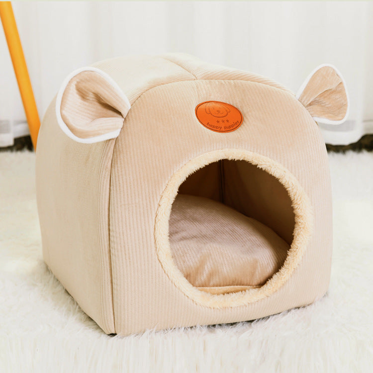KFX-8644285 Cute Cat Ears Cozy Nest for Pets - Soft Corduroy Arctic Velvet, Small Size 32x32cm