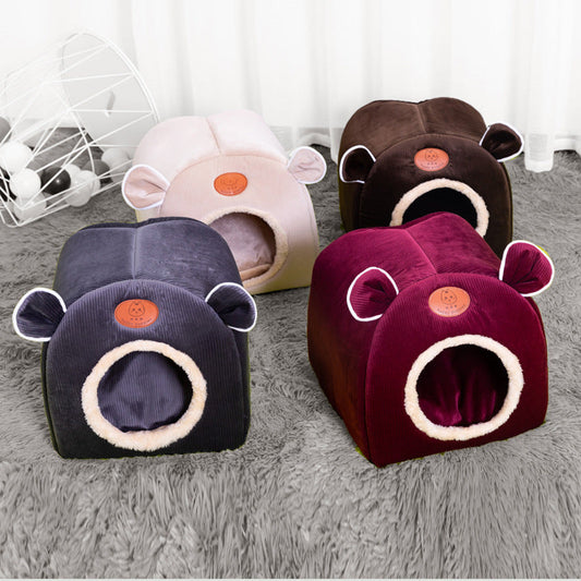 KFX-8644285 Cute Cat Ears Cozy Nest for Pets - Soft Corduroy Arctic Velvet, Small Size 32x32cm