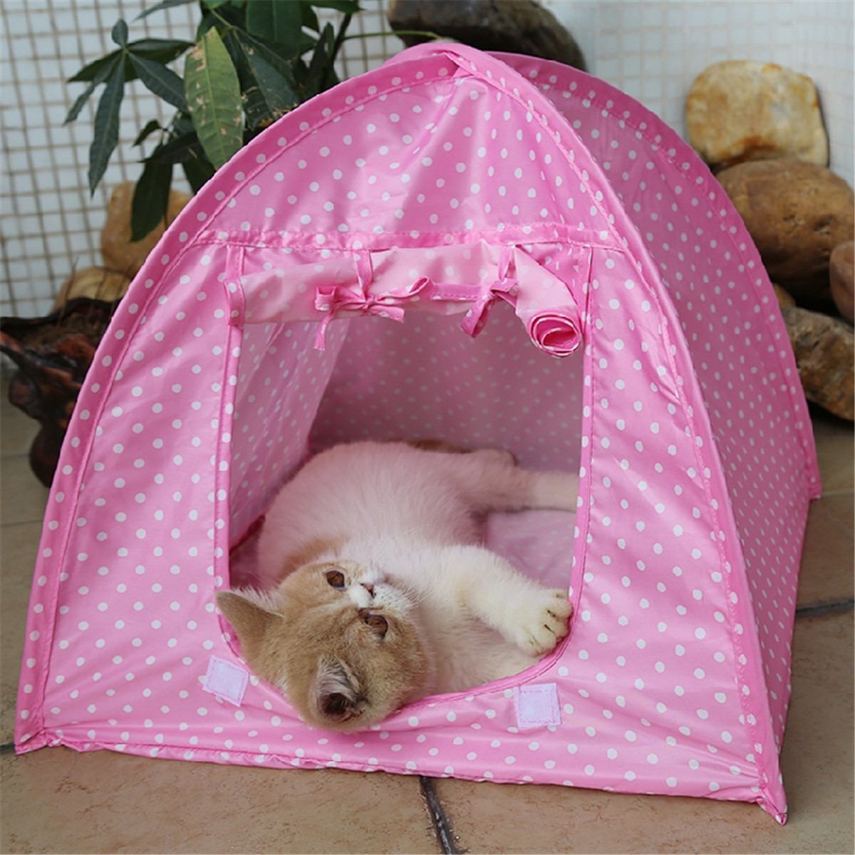 KFX-8645053 Collapsible Pet Tent in Green, Yellow, and Pink Dots - Portable and Lightweight Polyester Design (43x43x41CM)