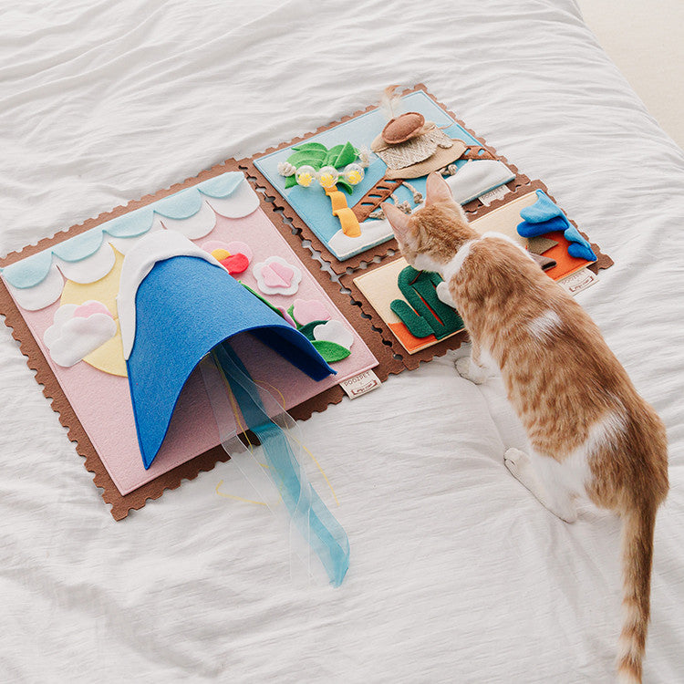 KFX-8647485 Pet Cat Travel Diary Sniffing Toy Set with Sniffing Pads, Streamer, Fun Bell, and Catnip Roof
