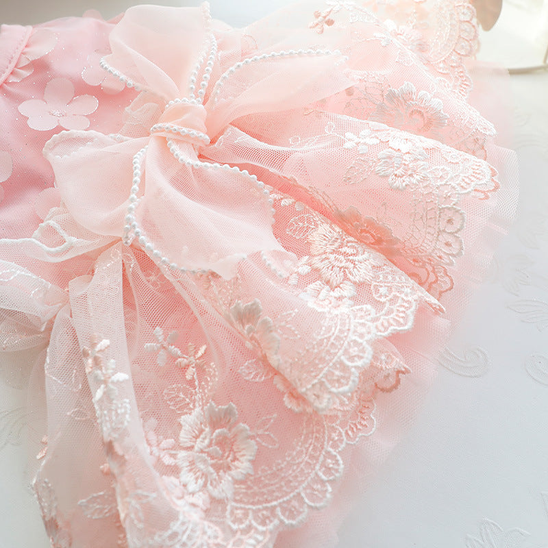 KFX-8652349 Fluffy Princess Skirt for Dogs in White and Pink Cotton, Sizes XS to XL