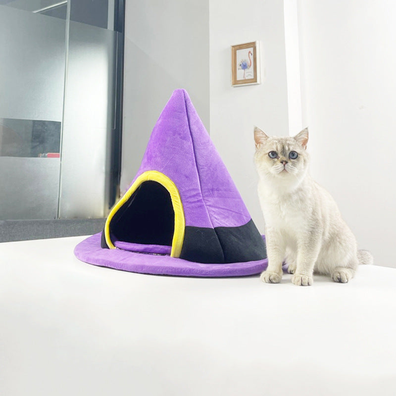 KFX-8655037 Purple Halloween Witch Hat Cat Nest - Cozy Cloth Bed for Cats, 60 x 46 cm