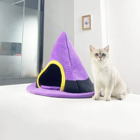 KFX-8655037 Purple Halloween Witch Hat Cat Nest - Cozy Cloth Bed for Cats, 60 x 46 cm