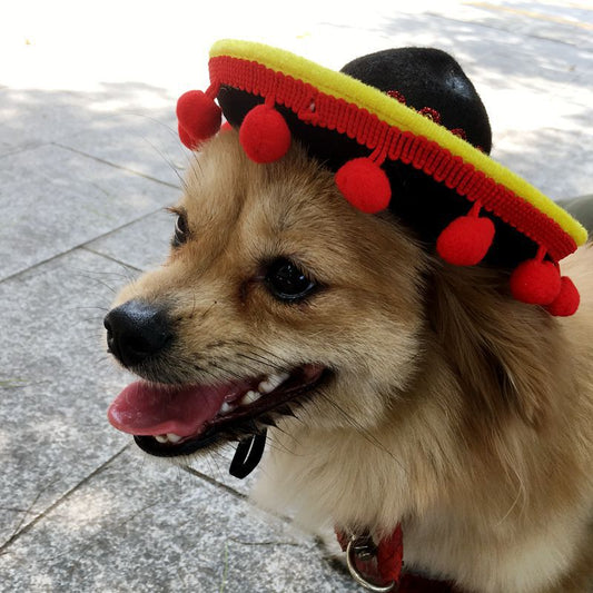 KFX-8655933 Mexican Style Pet Hat with Red Ball and Brown Lace - Seasonal Cloth Cap for Dogs