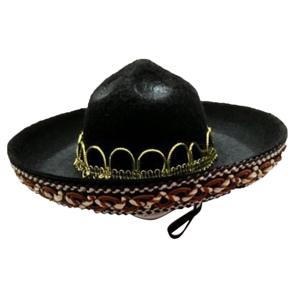 KFX-8655933 Mexican Style Pet Hat with Red Ball and Brown Lace - Seasonal Cloth Cap for Dogs