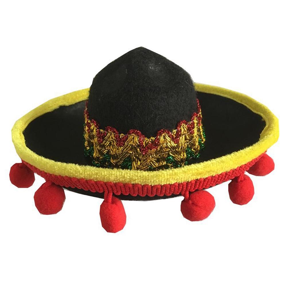 KFX-8655933 Mexican Style Pet Hat with Red Ball and Brown Lace - Seasonal Cloth Cap for Dogs