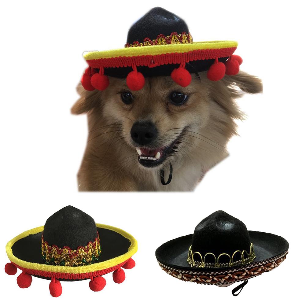 KFX-8655933 Mexican Style Pet Hat with Red Ball and Brown Lace - Seasonal Cloth Cap for Dogs