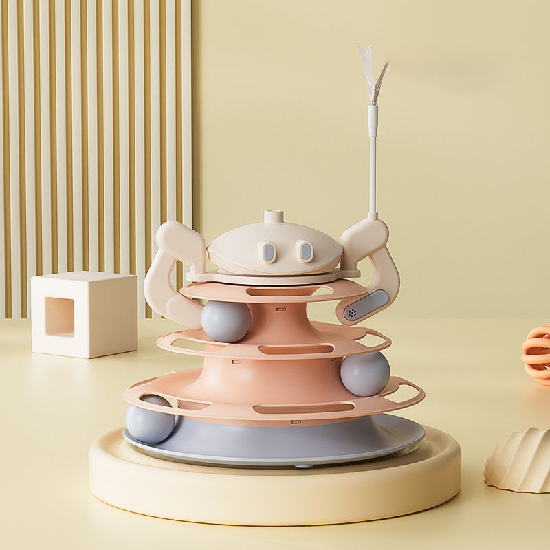 KFX-8656573 Interactive Rotating Cat Toy with Feather, Food Dispenser, and Four-Layer Tower