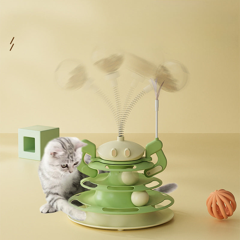 KFX-8656573 Interactive Rotating Cat Toy with Feather, Food Dispenser, and Four-Layer Tower