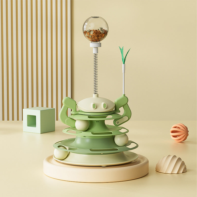 KFX-8656573 Interactive Rotating Cat Toy with Feather, Food Dispenser, and Four-Layer Tower