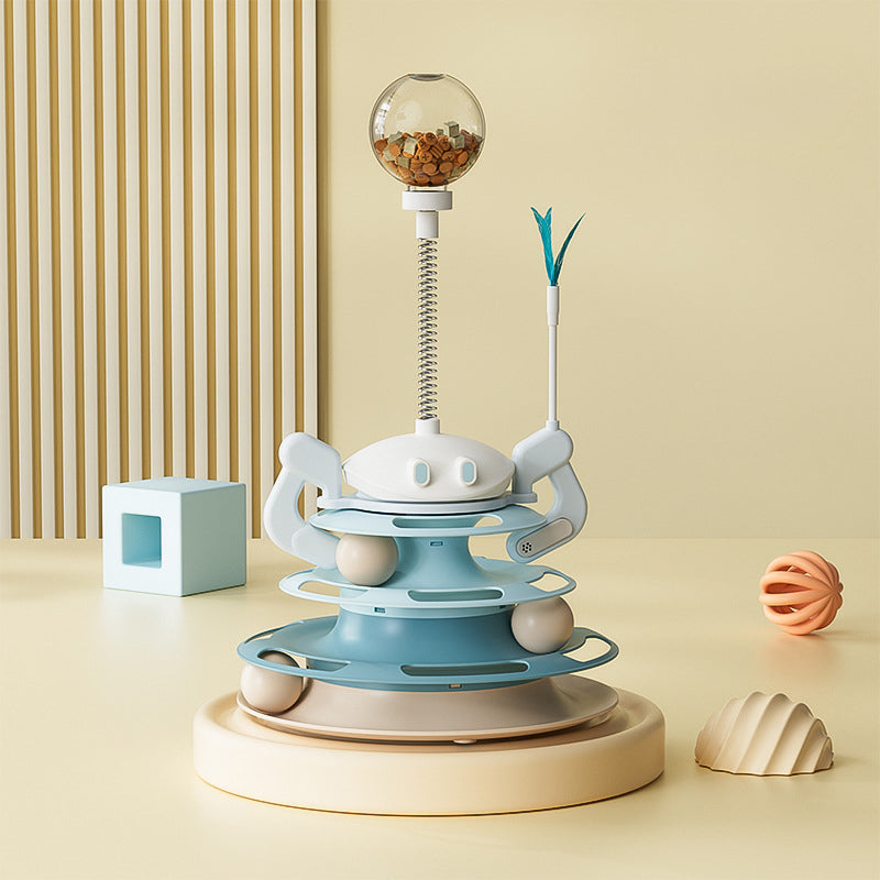 KFX-8656573 Interactive Rotating Cat Toy with Feather, Food Dispenser, and Four-Layer Tower
