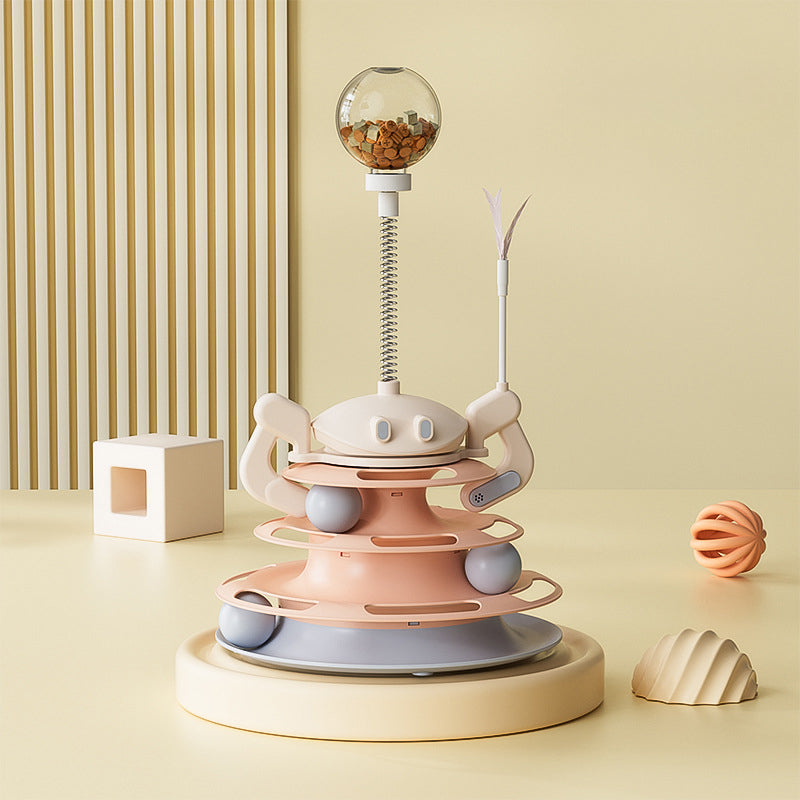KFX-8656573 Interactive Rotating Cat Toy with Feather, Food Dispenser, and Four-Layer Tower