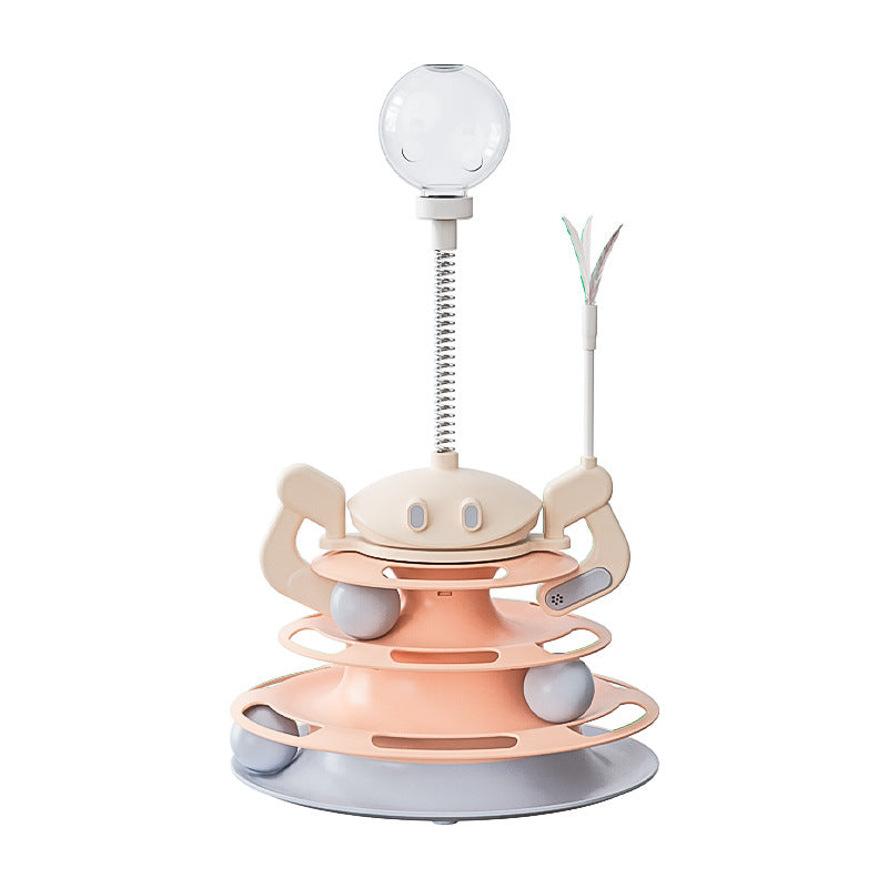 KFX-8656573 Interactive Rotating Cat Toy with Feather, Food Dispenser, and Four-Layer Tower