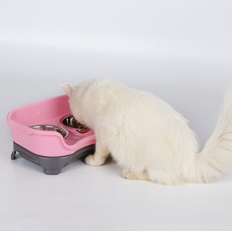 KFX-8657725 Double Basin Splash-Proof Pet Bowl Set - Stainless Steel Cat and Dog Food Dish