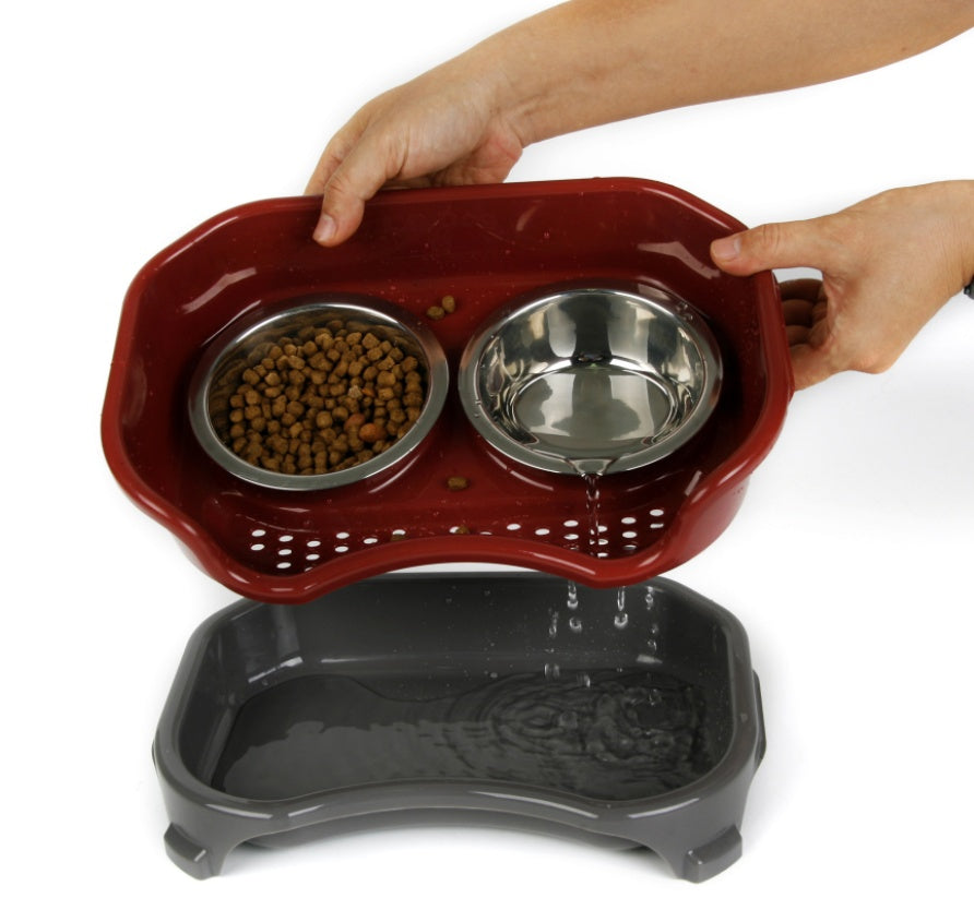 KFX-8657725 Double Basin Splash-Proof Pet Bowl Set - Stainless Steel Cat and Dog Food Dish