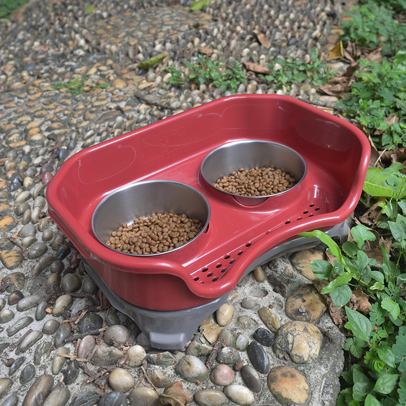 KFX-8657725 Double Basin Splash-Proof Pet Bowl Set - Stainless Steel Cat and Dog Food Dish